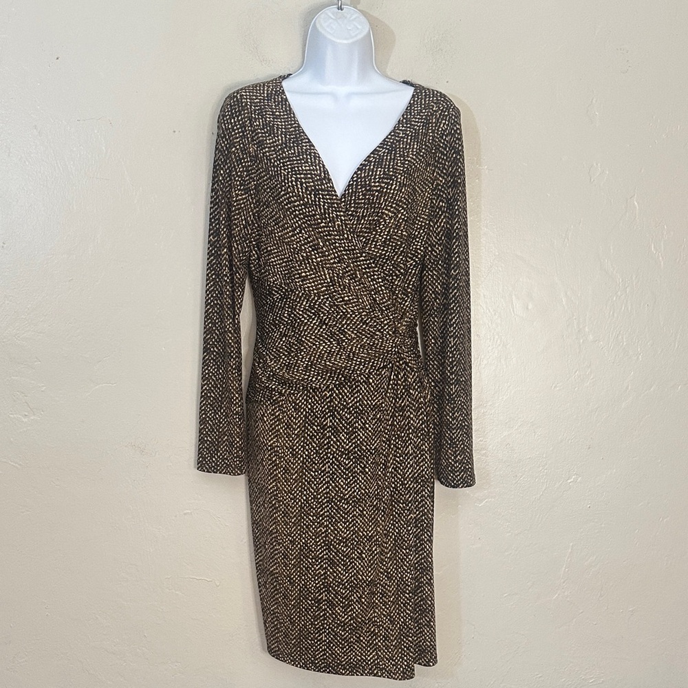 Lauren Ralph Lauren Brown Herringbone Long Sleeve Dress
